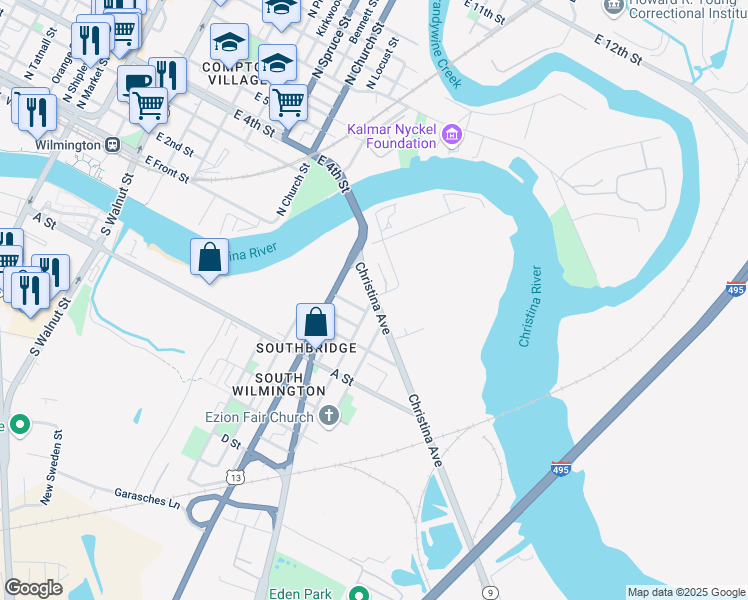 map of restaurants, bars, coffee shops, grocery stores, and more near 14 South Claymont Street in Wilmington