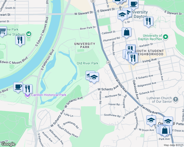 map of restaurants, bars, coffee shops, grocery stores, and more near 300 Old River Trail in Dayton