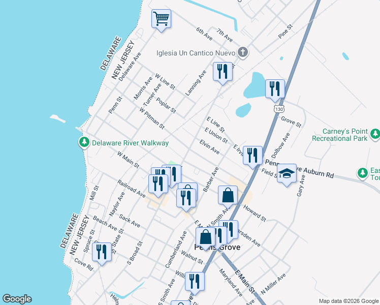 map of restaurants, bars, coffee shops, grocery stores, and more near 69 Broad Street in Penns Grove