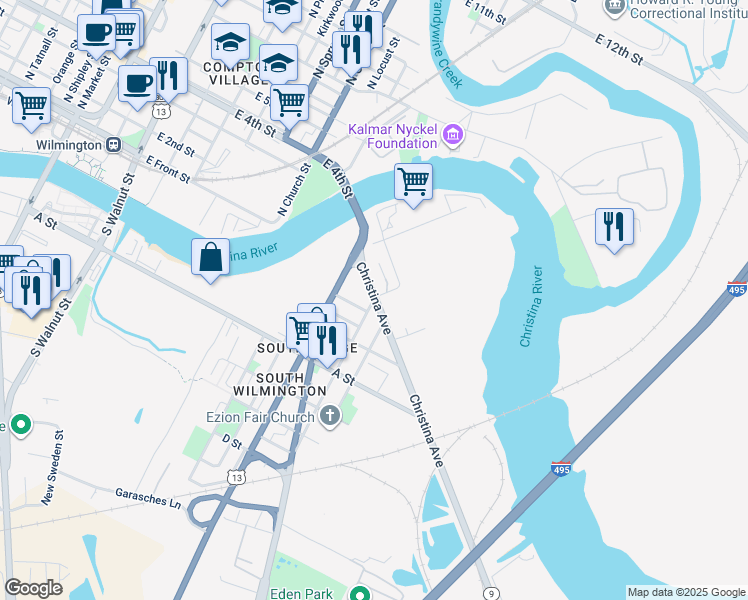 map of restaurants, bars, coffee shops, grocery stores, and more near 14 South Claymont Street in Wilmington