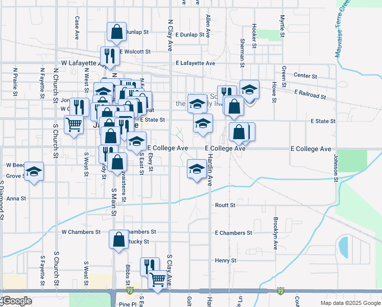 map of restaurants, bars, coffee shops, grocery stores, and more near 447 East College Avenue in Jacksonville
