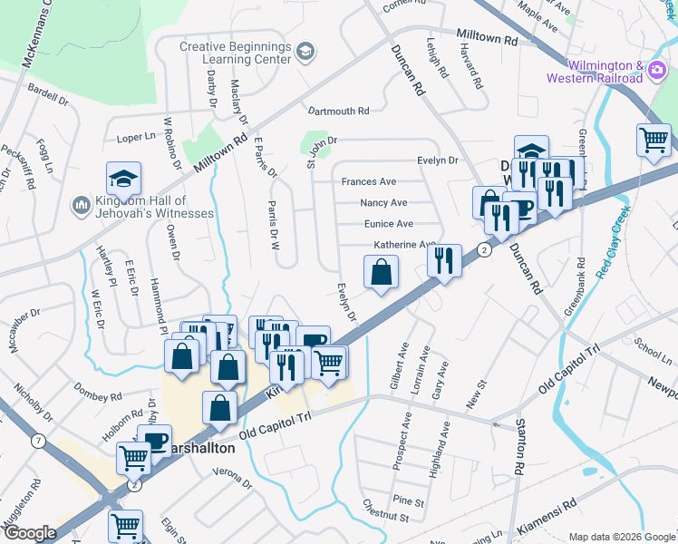 map of restaurants, bars, coffee shops, grocery stores, and more near 214 Saint John Drive in Wilmington