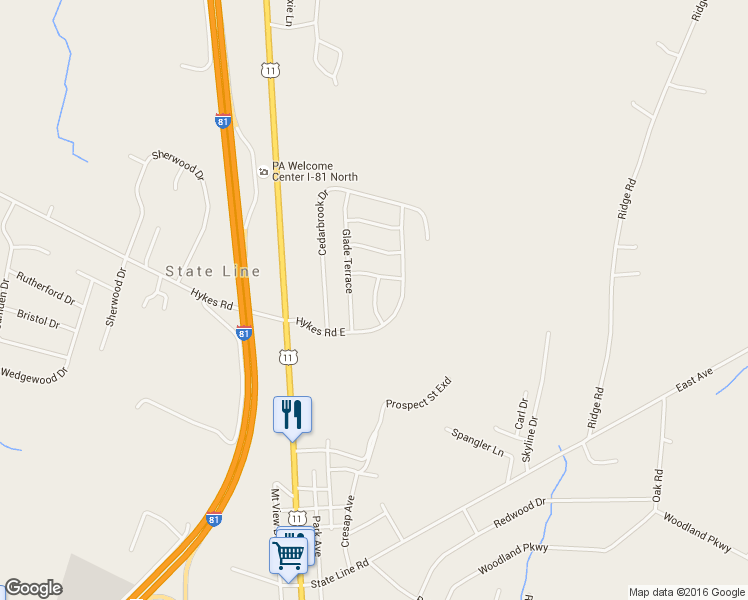 map of restaurants, bars, coffee shops, grocery stores, and more near 15087 Stone Ridge Drive in Greencastle