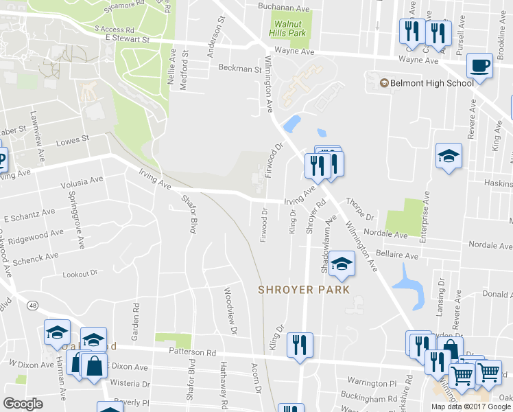 map of restaurants, bars, coffee shops, grocery stores, and more near 1030 Irving Avenue in Dayton
