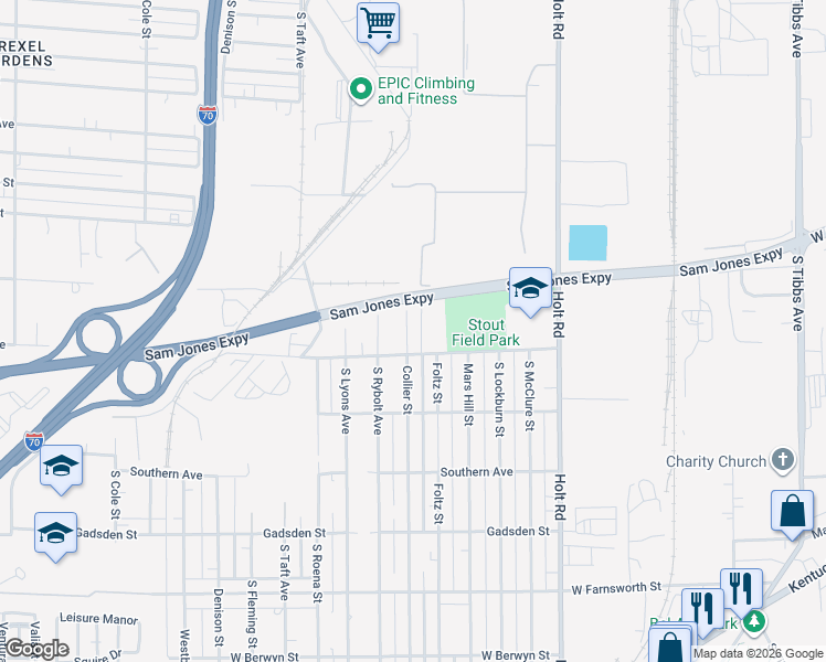 map of restaurants, bars, coffee shops, grocery stores, and more near 2337 Collier Street in Indianapolis