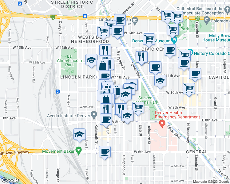 map of restaurants, bars, coffee shops, grocery stores, and more near West 10th Avenue & Inca Street in Denver