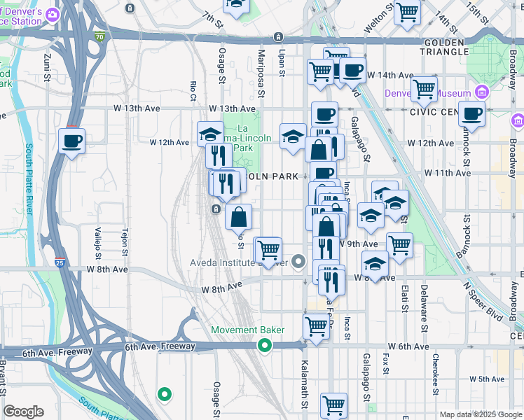 map of restaurants, bars, coffee shops, grocery stores, and more near W 10th Ave & Mariposa St in Denver