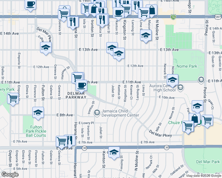 map of restaurants, bars, coffee shops, grocery stores, and more near 1050 Joliet Street in Aurora