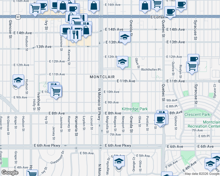 map of restaurants, bars, coffee shops, grocery stores, and more near 1010 Magnolia Street in Denver
