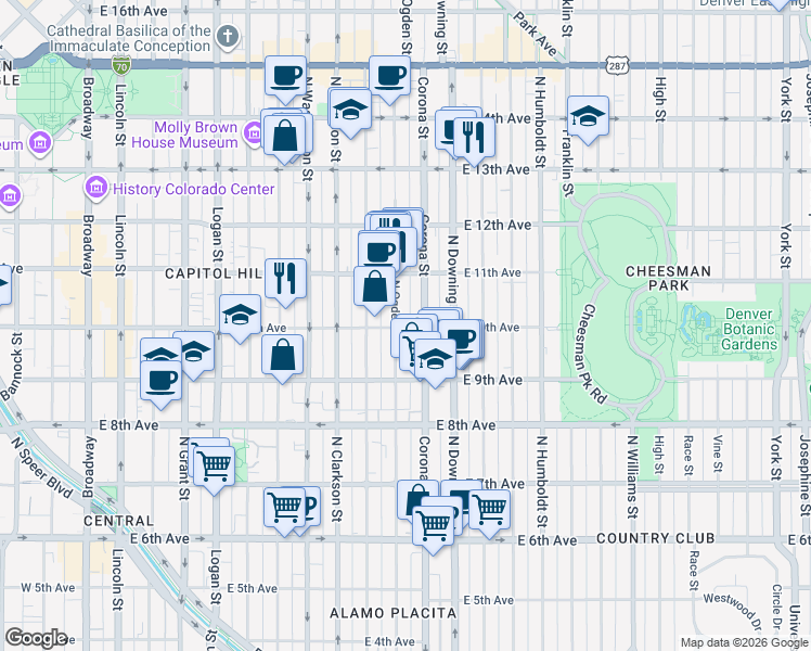 map of restaurants, bars, coffee shops, grocery stores, and more near 1050 East 10th Avenue in Denver