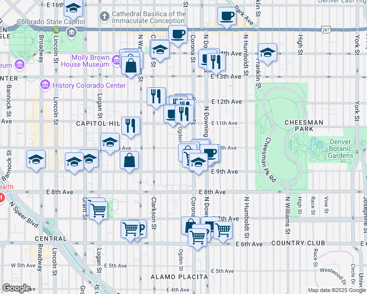 map of restaurants, bars, coffee shops, grocery stores, and more near 1050 East 10th Avenue in Denver