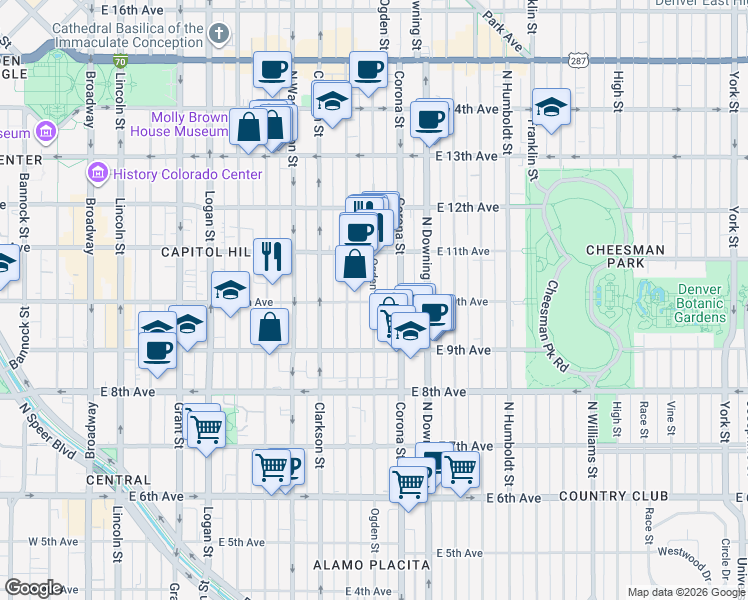map of restaurants, bars, coffee shops, grocery stores, and more near 910 East 10th Avenue in Denver