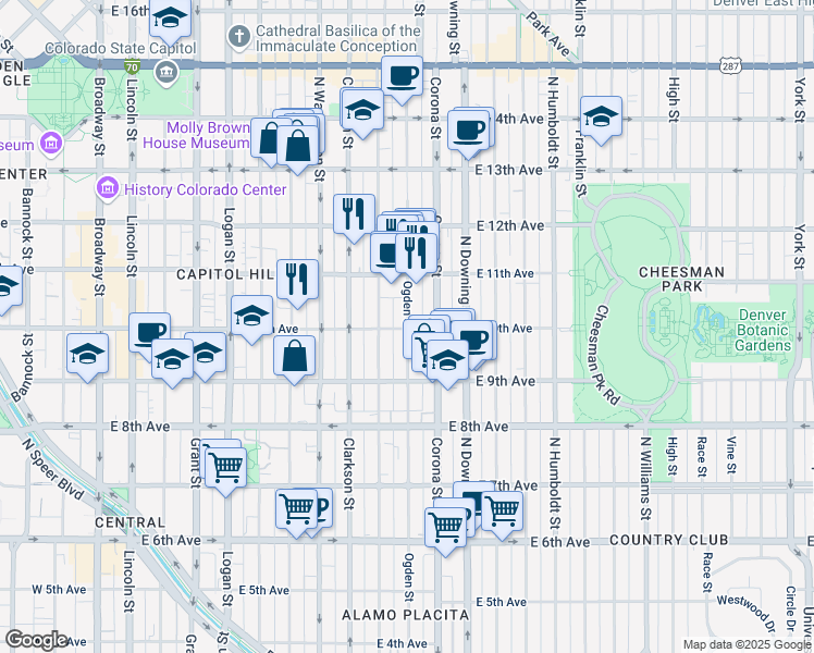 map of restaurants, bars, coffee shops, grocery stores, and more near 910 East 10th Avenue in Denver