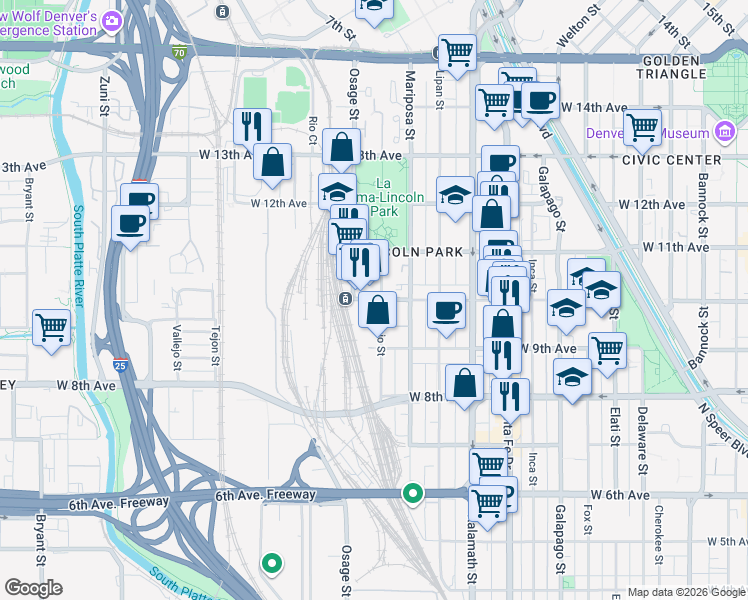 map of restaurants, bars, coffee shops, grocery stores, and more near in Denver