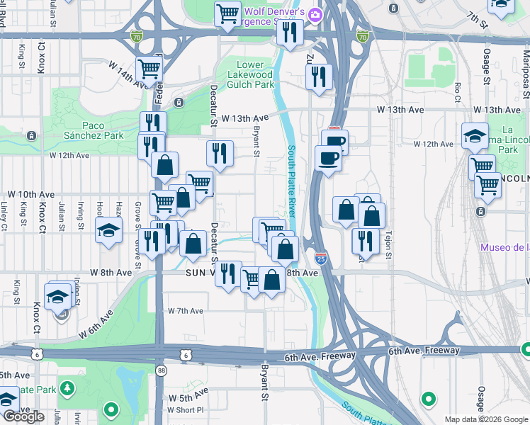 map of restaurants, bars, coffee shops, grocery stores, and more near 968 Alcott Way in Denver