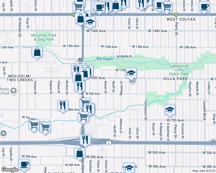 map of restaurants, bars, coffee shops, grocery stores, and more near 946 Xavier Street in Denver