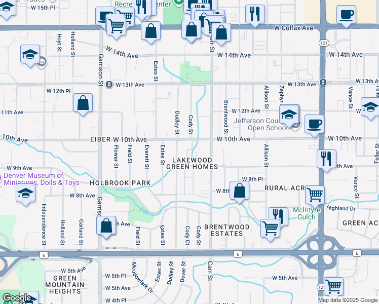 map of restaurants, bars, coffee shops, grocery stores, and more near 8570 West 10th Avenue in Lakewood