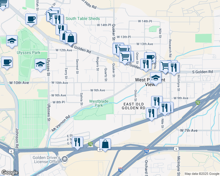 map of restaurants, bars, coffee shops, grocery stores, and more near 905 Quaker Street in Golden