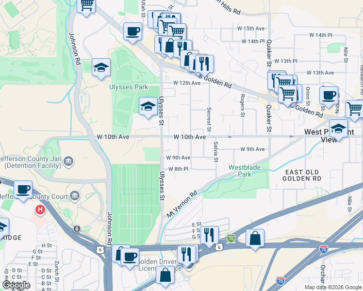 map of restaurants, bars, coffee shops, grocery stores, and more near 968 Torrey Street in Golden