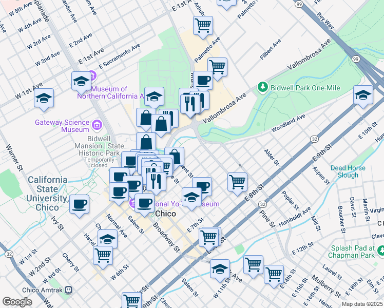 map of restaurants, bars, coffee shops, grocery stores, and more near 488 East 3rd Street in Chico