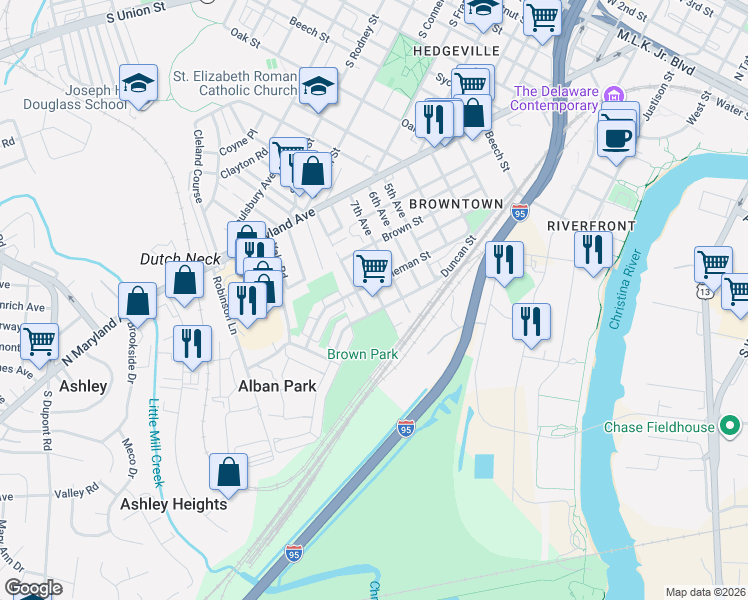 map of restaurants, bars, coffee shops, grocery stores, and more near 325 8th Avenue in Wilmington