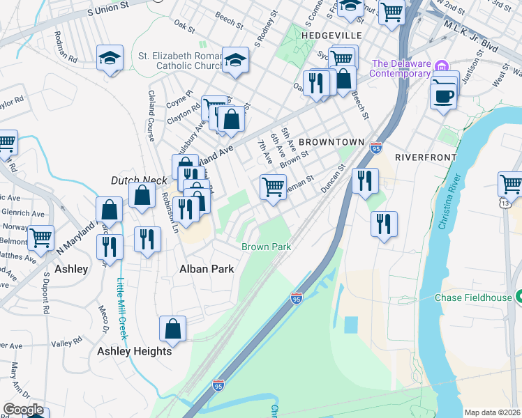 map of restaurants, bars, coffee shops, grocery stores, and more near 1508 Coleman Street in Wilmington