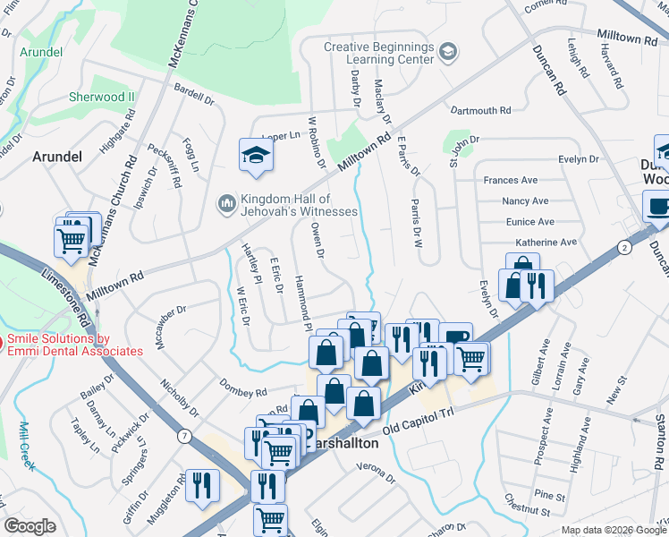 map of restaurants, bars, coffee shops, grocery stores, and more near 2425 Owen Drive in Wilmington