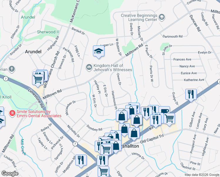 map of restaurants, bars, coffee shops, grocery stores, and more near 2421 East Eric Drive in Wilmington