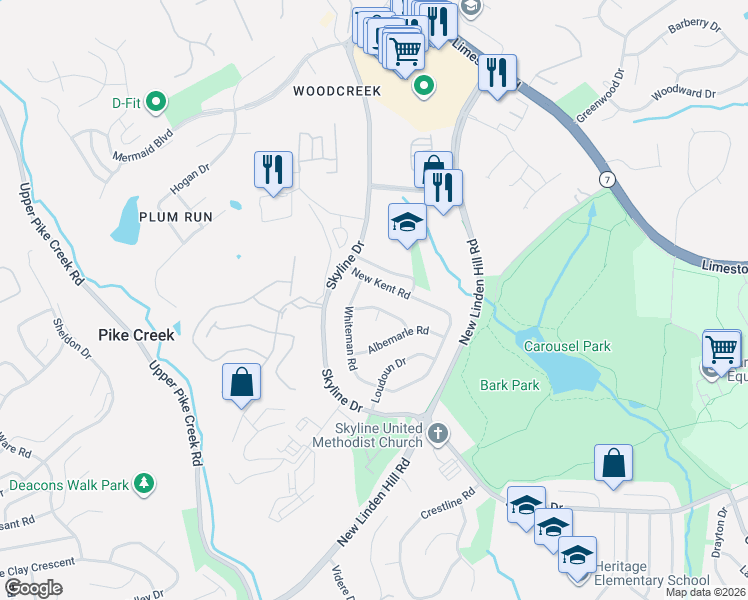 map of restaurants, bars, coffee shops, grocery stores, and more near 3216 Powhatan Drive in Wilmington