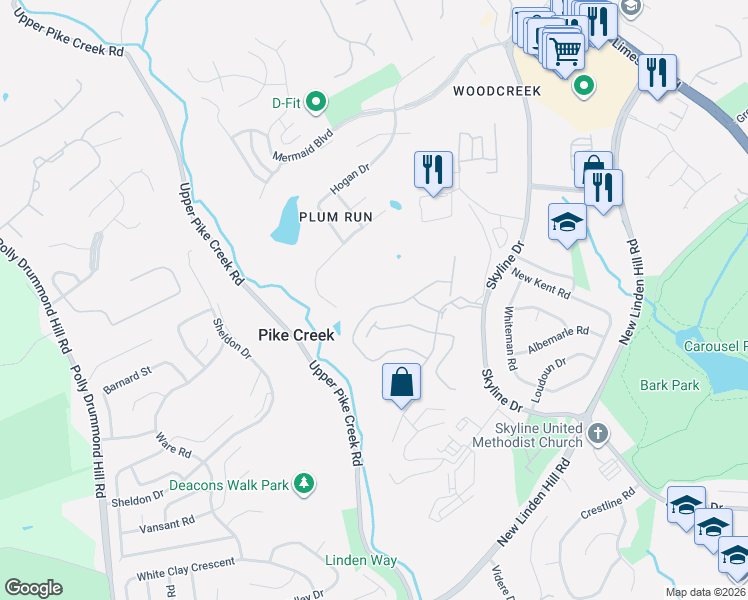 map of restaurants, bars, coffee shops, grocery stores, and more near 5447 Doral Drive in Wilmington