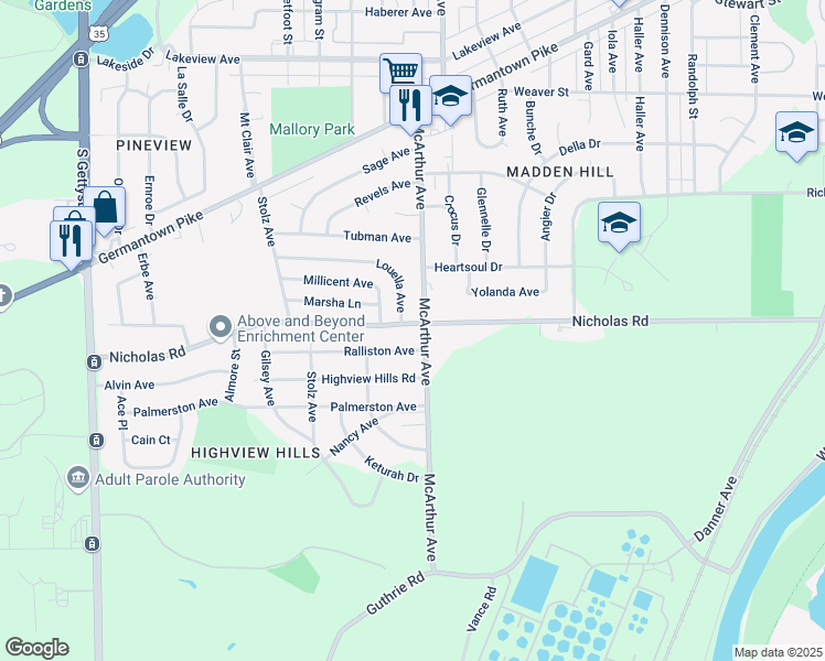 map of restaurants, bars, coffee shops, grocery stores, and more near 1513 McArthur Avenue in Dayton