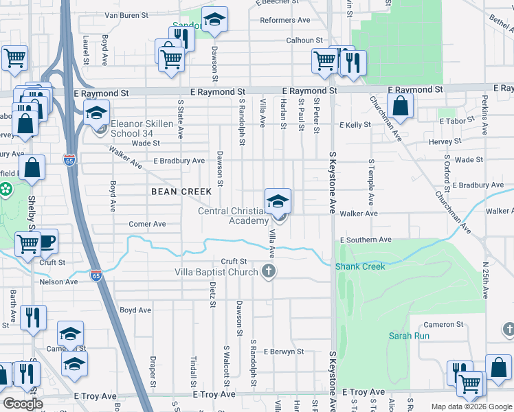 map of restaurants, bars, coffee shops, grocery stores, and more near 2526 Villa Avenue in Indianapolis