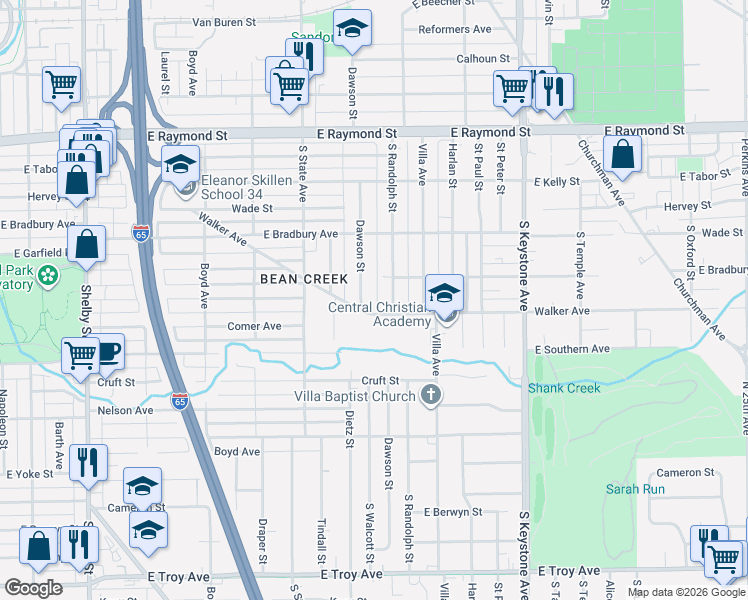 map of restaurants, bars, coffee shops, grocery stores, and more near 2526 South Randolph Street in Indianapolis