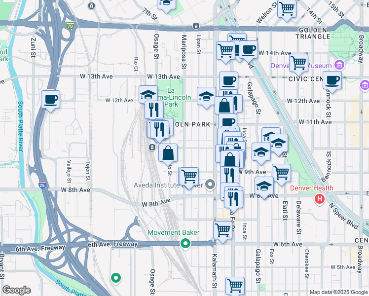 map of restaurants, bars, coffee shops, grocery stores, and more near W 10th Ave & Mariposa St in Denver