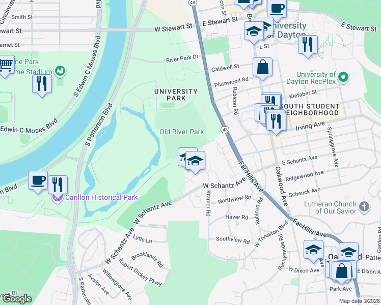 map of restaurants, bars, coffee shops, grocery stores, and more near 300 Old River Trail in Dayton