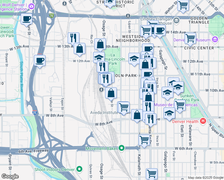 map of restaurants, bars, coffee shops, grocery stores, and more near W 10th Ave & Navajo St in Denver