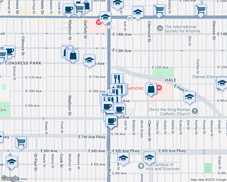 map of restaurants, bars, coffee shops, grocery stores, and more near 4109 East 10th Avenue in Denver