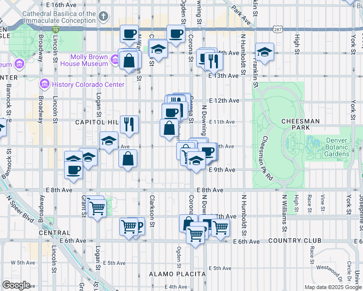 map of restaurants, bars, coffee shops, grocery stores, and more near 1050 East 10th Avenue in Denver