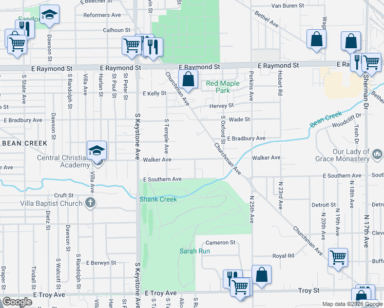 map of restaurants, bars, coffee shops, grocery stores, and more near 2754 Walker Avenue in Indianapolis