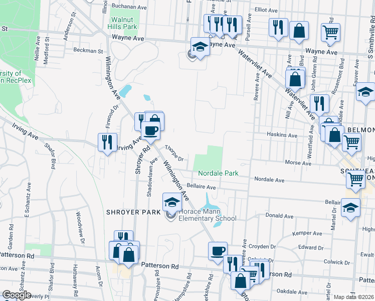 map of restaurants, bars, coffee shops, grocery stores, and more near 603 Allenwood Court in Dayton