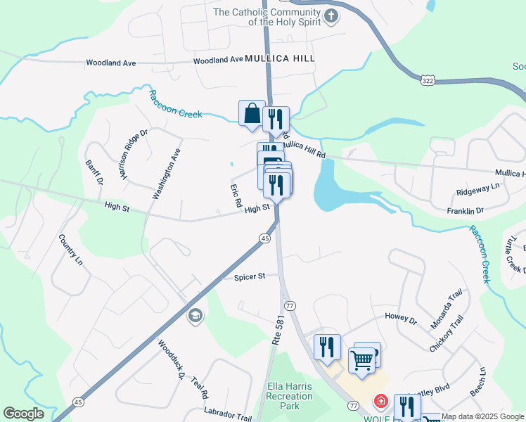 map of restaurants, bars, coffee shops, grocery stores, and more near 7 High Street in Harrison Township