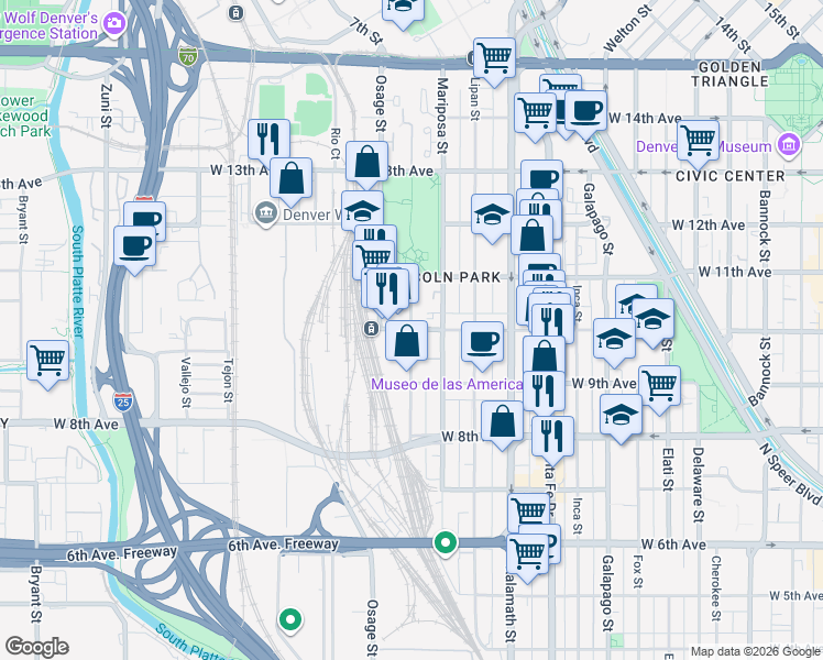 map of restaurants, bars, coffee shops, grocery stores, and more near 1295 West 10th Avenue in Denver