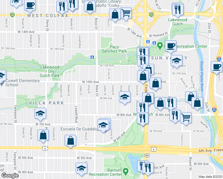 map of restaurants, bars, coffee shops, grocery stores, and more near 951 Irving Street in Denver