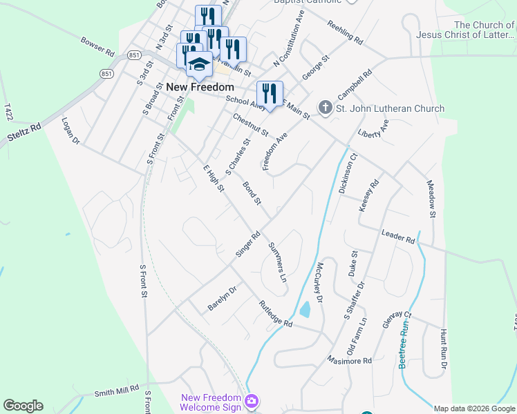 map of restaurants, bars, coffee shops, grocery stores, and more near 154 Bond St in New Freedom