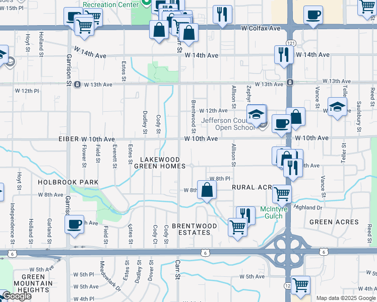 map of restaurants, bars, coffee shops, grocery stores, and more near 949 Brentwood Street in Denver