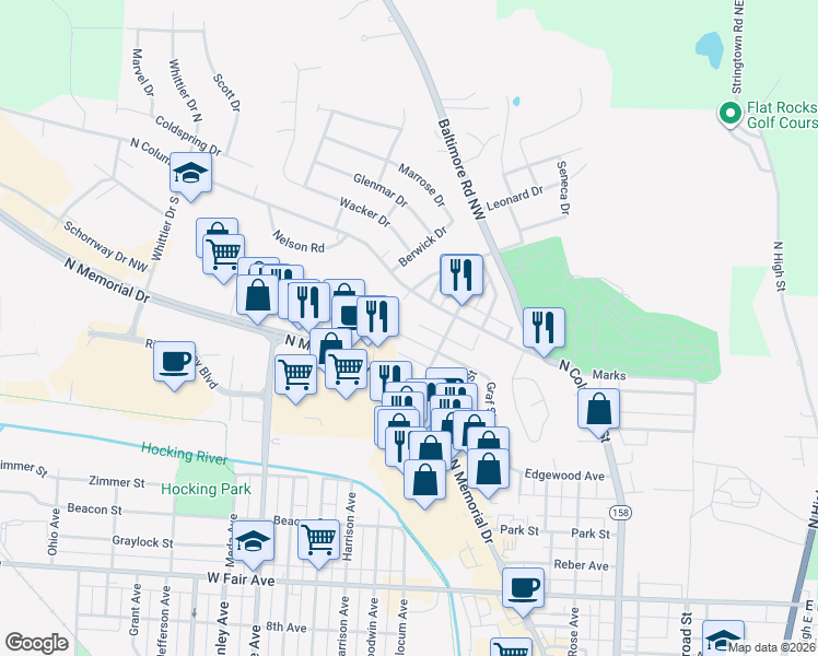 map of restaurants, bars, coffee shops, grocery stores, and more near 1536 Graf Street in Lancaster