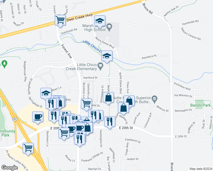 map of restaurants, bars, coffee shops, grocery stores, and more near 1822 Bedford Drive in Chico