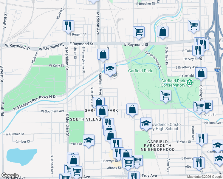 map of restaurants, bars, coffee shops, grocery stores, and more near 241 Mason Street in Indianapolis