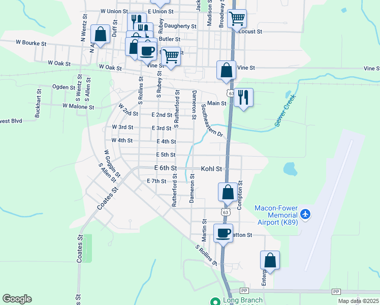 map of restaurants, bars, coffee shops, grocery stores, and more near 307 East 5th Street in Macon