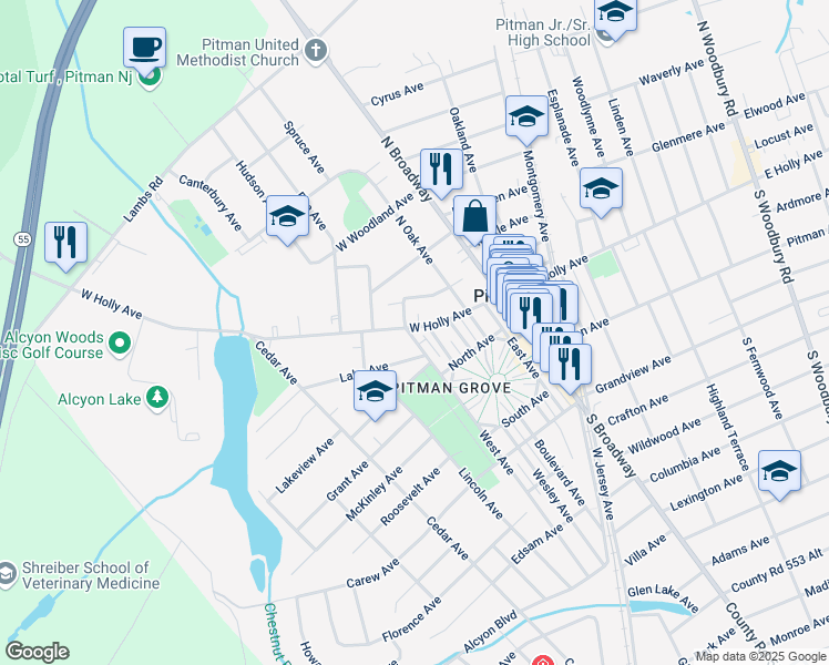 map of restaurants, bars, coffee shops, grocery stores, and more near 7 West Avenue in Pitman
